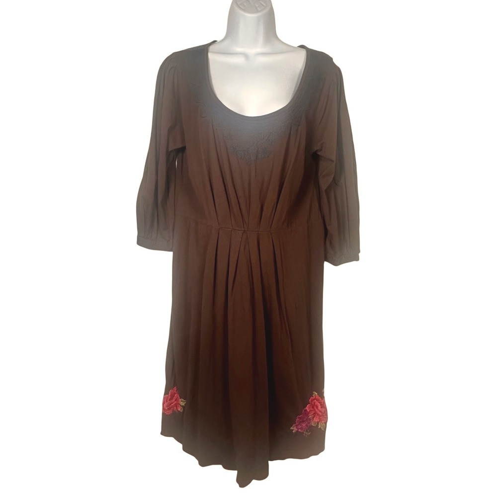 JW Los Angeles Johnny Was Brown Embroidered Cotton Floral Bird Dress Large